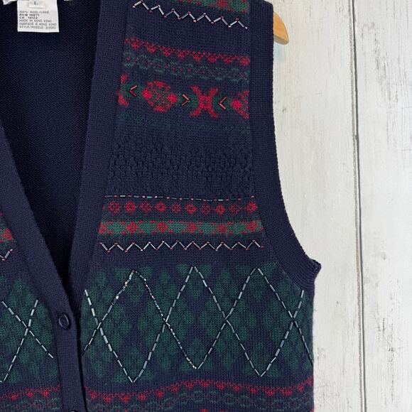 VTG JH Collectibles Blue Wool Fair Isle Beaded Button-Up Sweater Vest Size Large - Picture 3 of 13